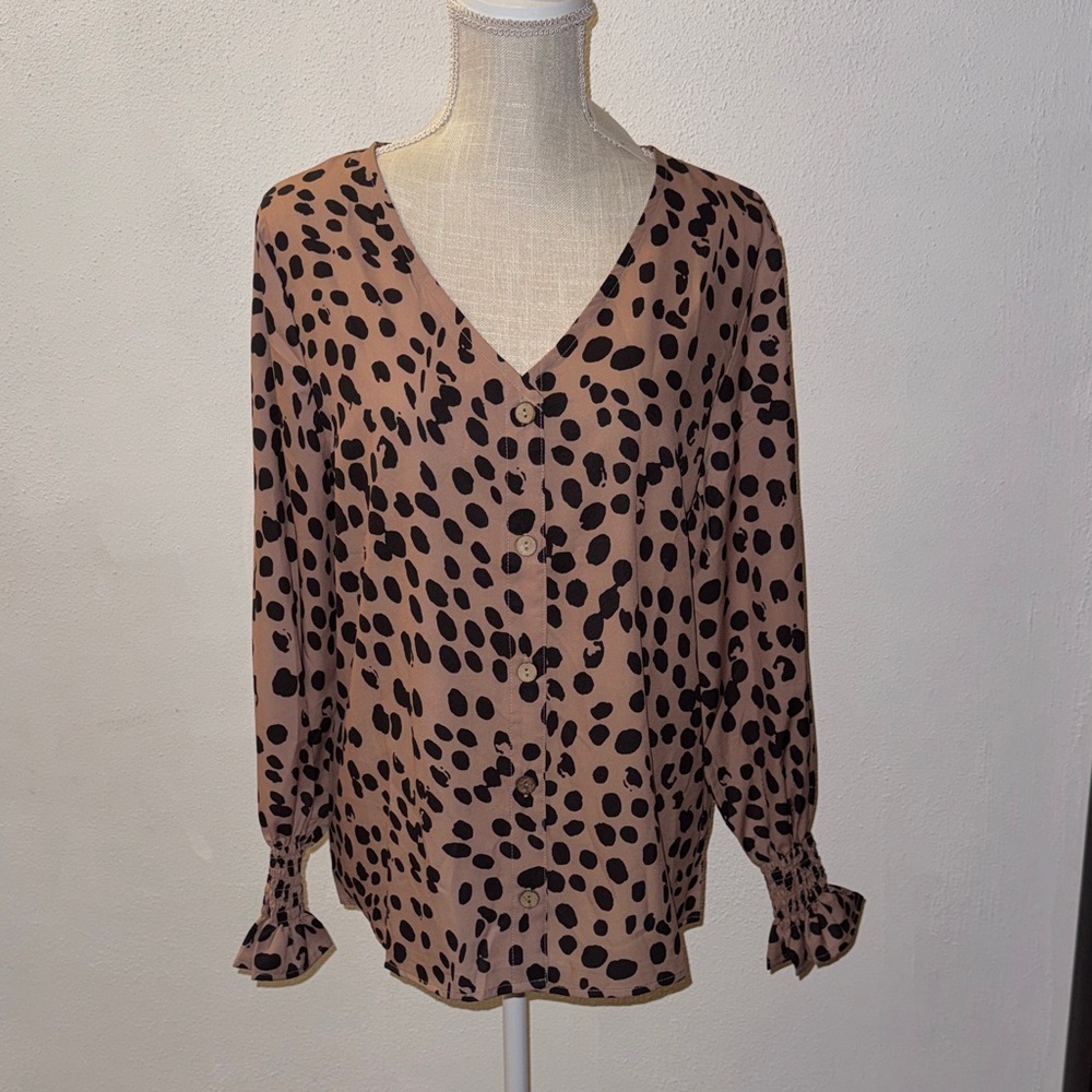 Womens Button-Front V-Neck Blouse in Taupe with Black Spot Print